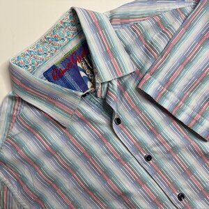 Men's Robert Graham Shirt Medium Short Sleeve Button Up White Stripes Geometric